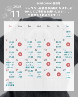 11月営業カレンダー🐑﹡𓂃꙳⋆
✴️11月からドッグスペースが完全予約制となります✴️
✴️営業日の午前中はラン&お買い物も完全予約制✴️
午前中の予約に関して出来る限り対応させて頂きますので、DMにてお問い合わせください🤝
🕔1時間単位でご予約が可能 / 1頭 ¥300 (1h)
営業日時間が記載のある日
13:00~17:00
お買い物は営業時間内予約無しでご利用いただける日ˊ˗
お手数ですが、ドッグスペースは事前にDMにて空き時間のお問い合わせ、予約をしてからご利用ください🐶🐾
小さい犬も 大きい犬も
安心して遊べるように、愛犬のみで伸び伸び遊ばせたり、お友達同士だけで遊ばせたい方や、
諸事情によりワクチンを接種できない犬や、他犬が苦手な犬etc.....
安全性の高いドッグスペースとして、より多くの愛犬家さん達に利用して頂けますように✩⡱
勿論、お買い物時に誰も使っていないときは
ご利用くださいませ.ᐟ.ᐟ😌
11月も宜しくお願い致します🐿🍁🍂
#BONBONDOG